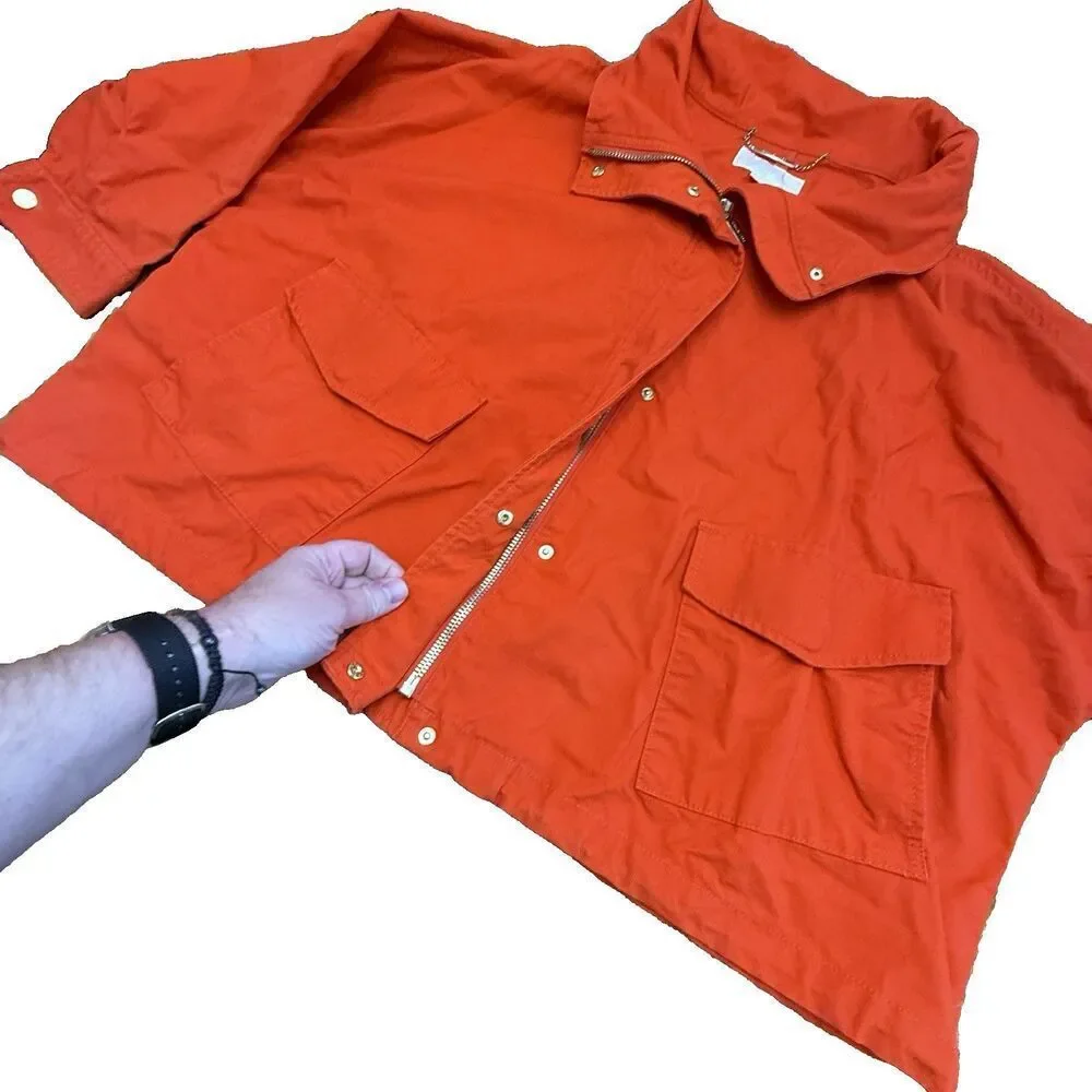 Michael Kors Womens Cropped Canvas Jacket 3X Bright Orange Zip Front Cotton